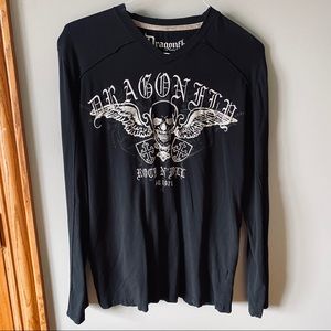 Dragonfly Black Long Sleeve Graphic V-Neck Top